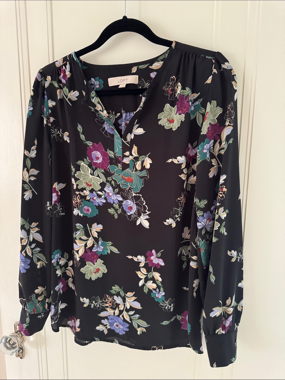 LOFT Black Floral V-Neck Long Sleeve Blouse